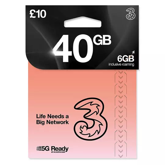 3UK 40GB 預付數據卡 1 個月 （歐洲及其他 70+ 國家及地區 6GB)