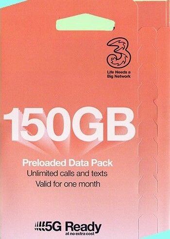 3UK 150GB 預載數據包 1 個月（歐洲及其他 70 多個國家/地區 18GB）