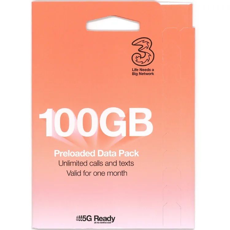 3UK 100GB 預付數據包 1 個月（歐洲及其他 70 多個國家/地區 12GB）